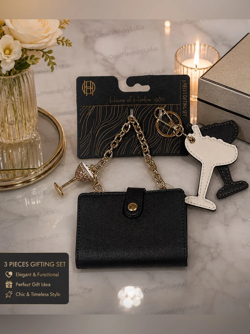 House of Harlow 1960 Black Mini Wallet Keychain – 3 Piece Gifting Set